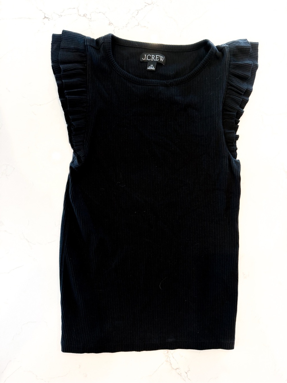 J. Crew Black Ribbed Tank with Ruffled Cap Sleeves